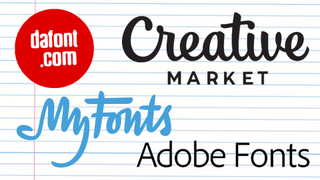 An array of font companies' logos on a background of lined paper.