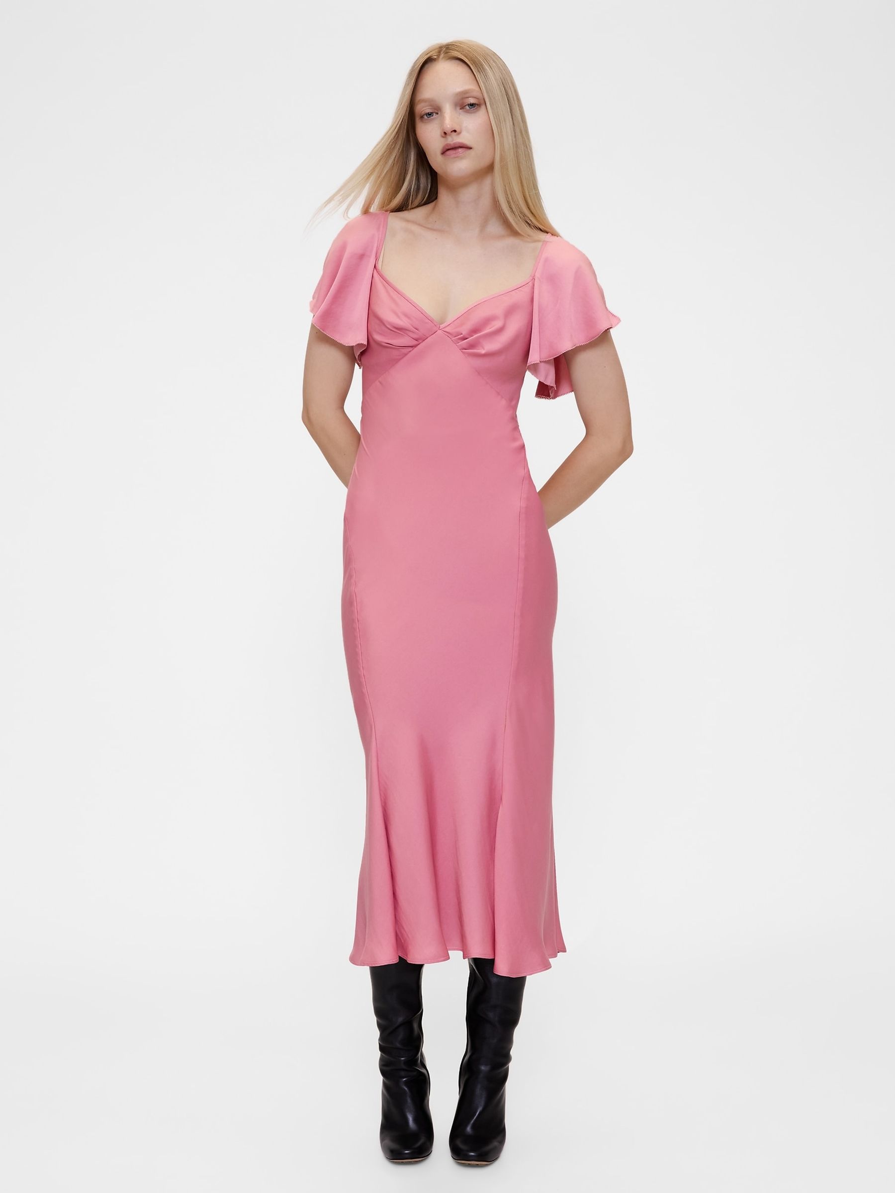 Pink Satin Sweetheart Neckline Midi Dress