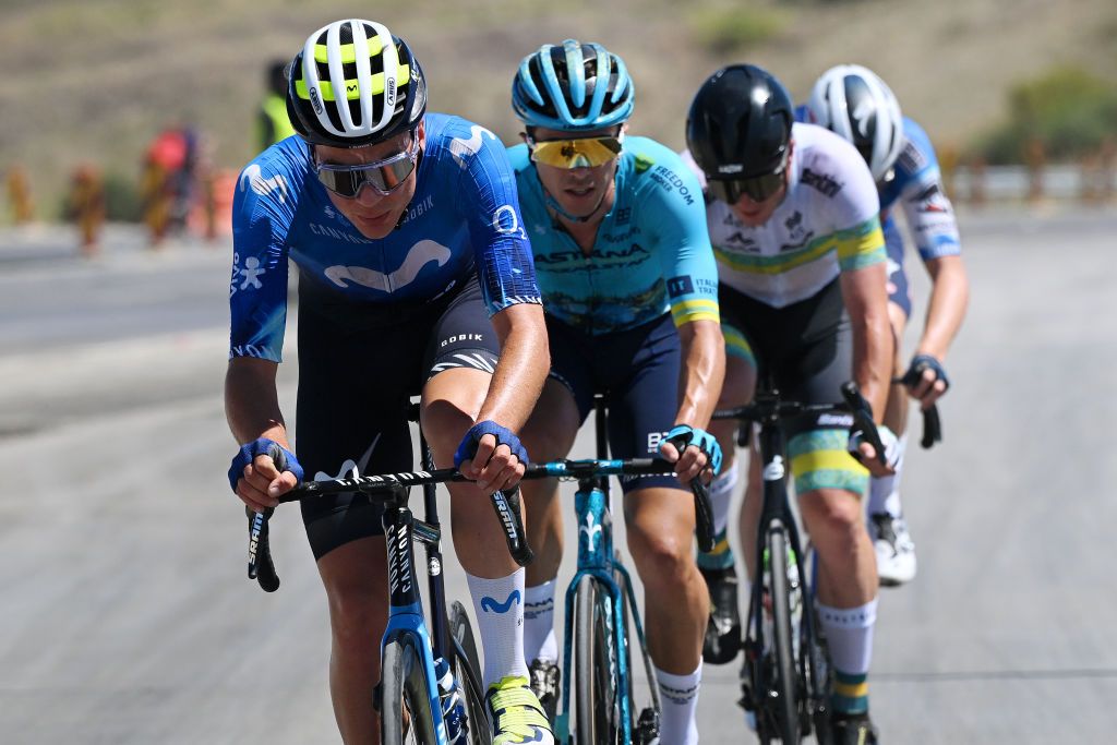 Johan Jacobs (Movistar), Samuele Battistella (Astana Qazaqstan), Liam Walsh (Australia) in the breakaway