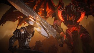 A Diablo Immortal character battles a demon in hell