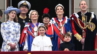 Lady Louise Mountbatten-Windsor, Sir Timothy Laurence, Sophie, the Duchess of Edinburgh, Princess Charlotte of Wales, Princess Anne, Princess Royal, Catherine, Princess of Wales, Prince Louis of Wales and Prince William, Prince of Wales stand on the balcony of Buckingham Palace in 2023