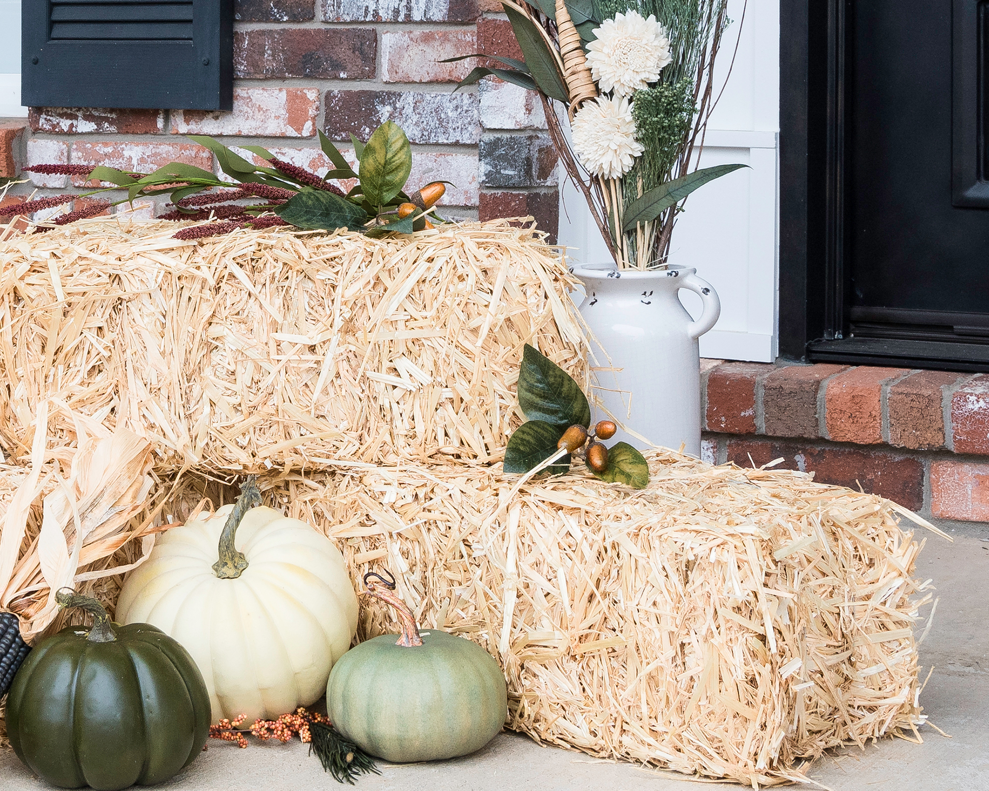 Metallic acorns dried flower vase hay bales and green and white pumpkins - Walmart