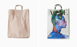 Two images, Left- Beige cotton and leather 'paper bag', Right- 'Paper bag' with coloured facial motif