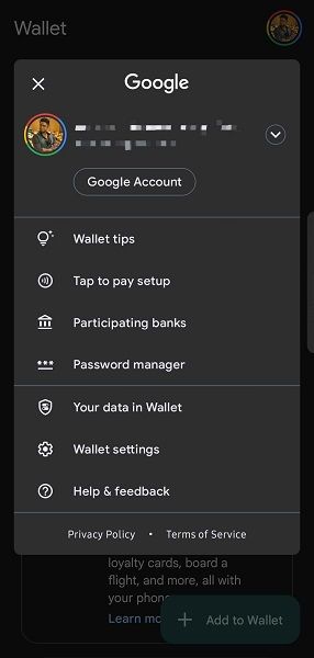 Options when viewing your account in Google Wallet.