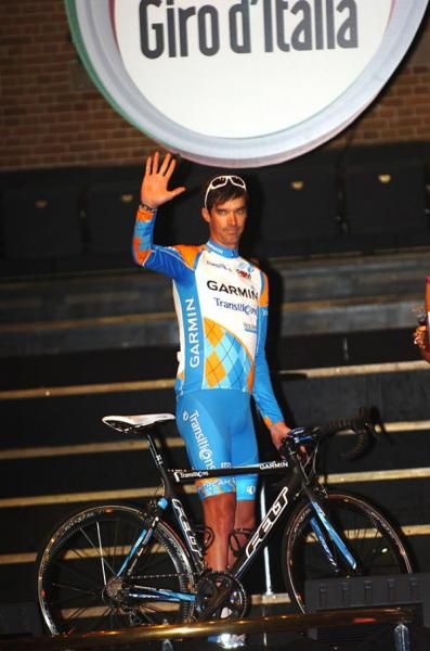 David Millar (Garmin - Transitions) on stage for Giro d'Italia team presentations.