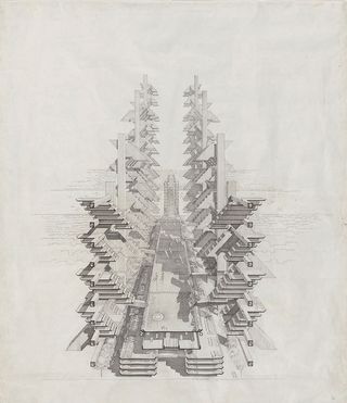 Paul Rudolph_Perspective section drawing of the Lower Manhattan Expressway-City Corridor project