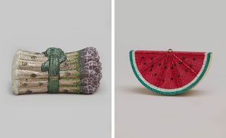 Asparagus minaudière with crystals, 1996. And Watermelon minaudière with rhinestones, 1991.