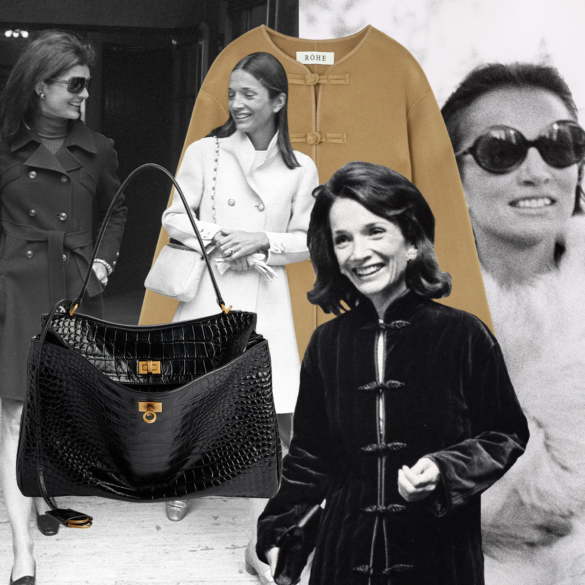 a collage of images of socialite Lee Radziwill's style in the 1960s and the 2026 fashion buys inspired by it