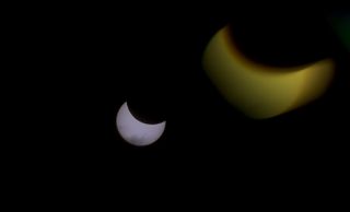 This photo shows a partial phase of the solar eclipse on March 20, 2015 as seen from Macedonia when the sun was 47 percent covered by the moon.