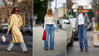 A composite of street style influencers wearing wide leg jeans and heels
