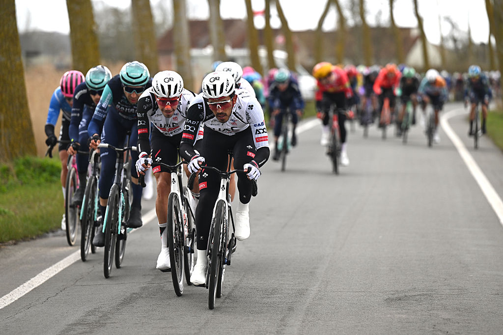 BRUGES, BELGIUM - MARCH 25:  (L-R) Rui Oliveira of Portugal and Juan Sebastian Molano of Colombia and UAE Team Emirates - XRG competes during the 50th Ronde Van Brugge - Tour of Bruges 2026 - Men&amp;apos;s Elite a 202.9km one day race from Bruges to Bruges / #UCIWT / on March 25, 2026 in Bruges, Belgium. (Photo by Luc Claessen/Getty Images)