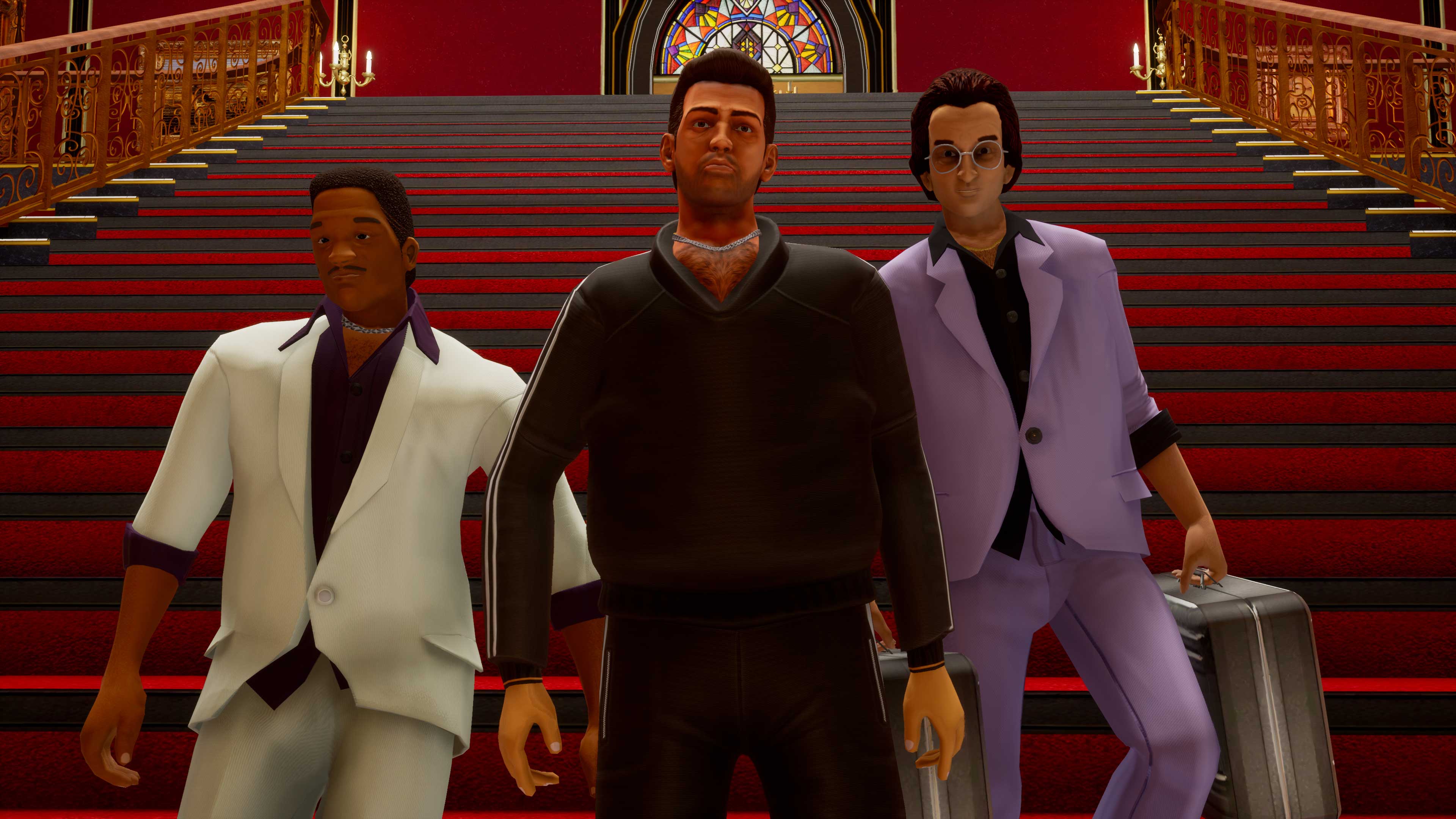 Various characters from GTA Vice City in a luxurious staircase