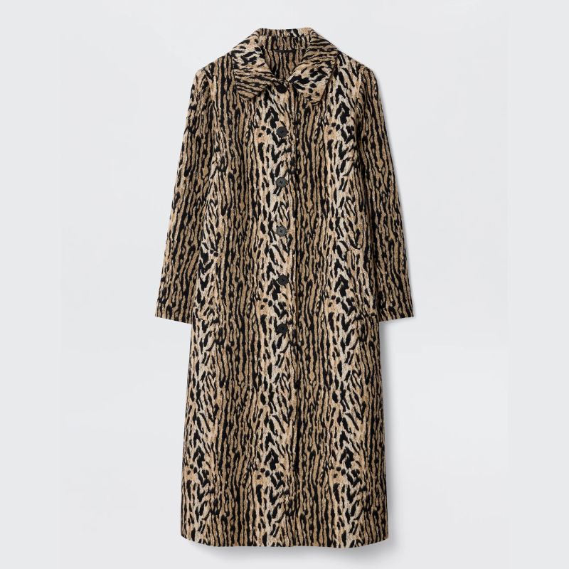 A cutout of a long leopard print coat by Rixo
