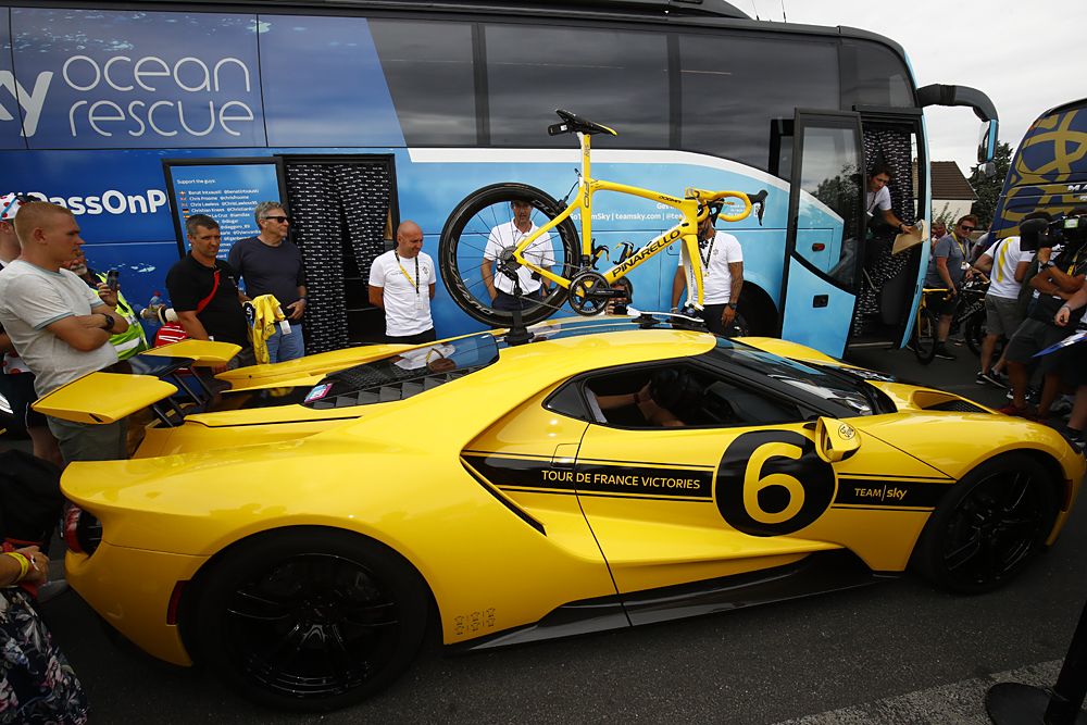 Fausto Pinarello and Ford GT before the start of stage 21 at the 2018 Tour de France
