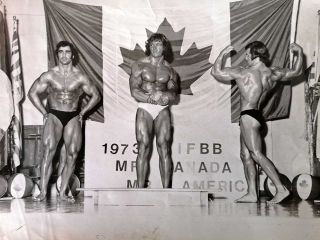 Thor on the podium at the Mr Canada competition in 1973