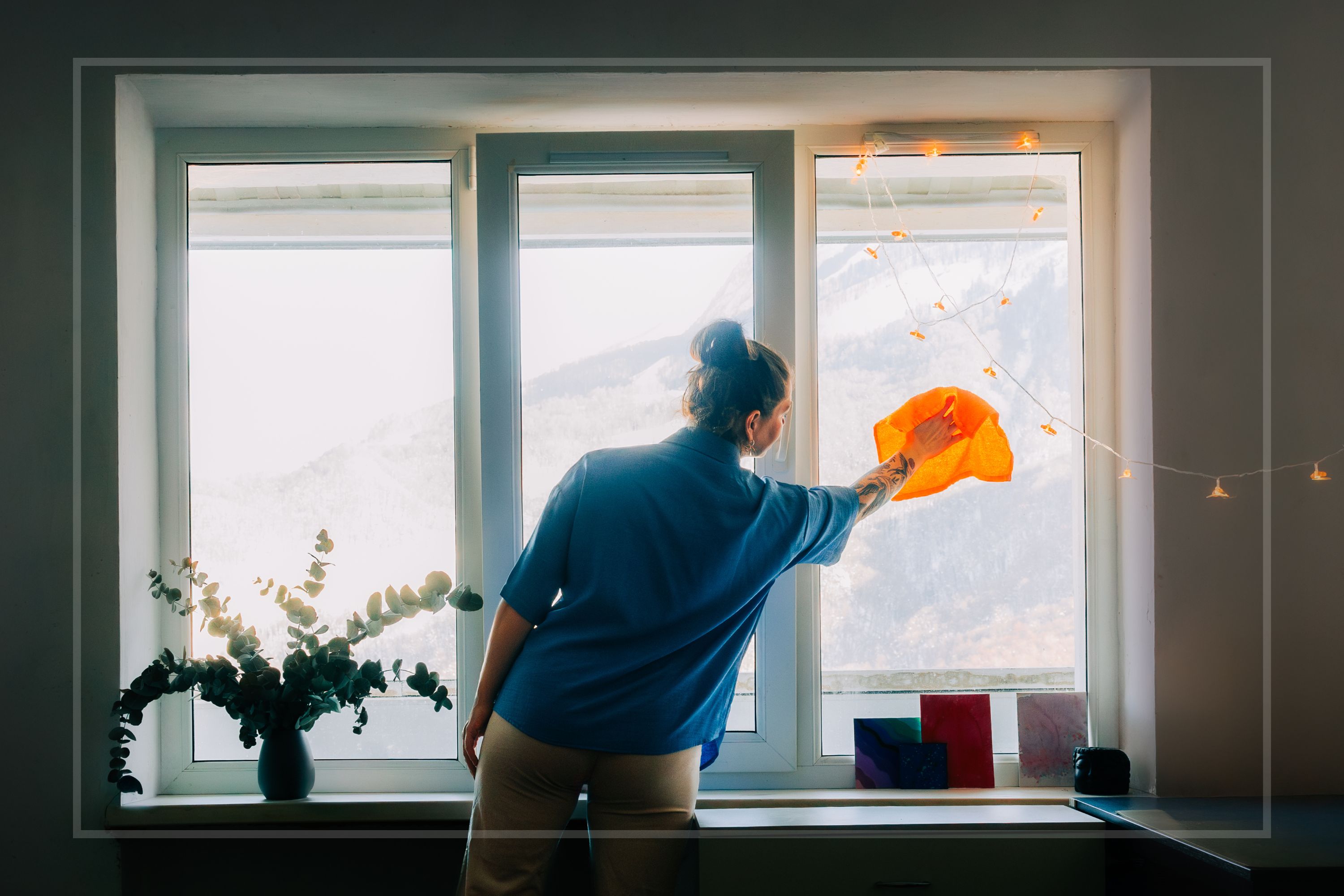 A woman cleaning her windows at home