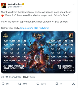 The post reads: "Thank you from the fiery infernal engine we keep in place of our heart. ❤️‍🔥 We couldn't have asked for a better response to Baldur's Gate 3. Patch 3 is coming September 21 with full support for BG3 on Mac."