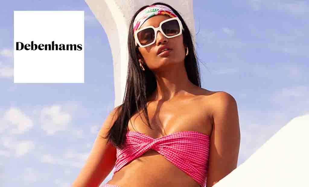 Debenhams logo top left with a woman in sunglasses and headband in the middle posing 
