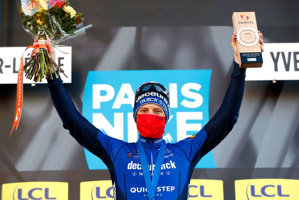 SAINTCYRLECOLE FRANCE MARCH 07 Podium Sam Bennett of Ireland and Team Deceuninck QuickStep Celebration during the 79th Paris Nice 2021 Stage 1 a 166km stage from SaintCyrlEcole to SaintCyrlEcole Trophy Mask Covid Safety Measures ParisNice on March 07 2021 in SaintCyrlEcole France Photo by Bas CzerwinskiGetty Images
