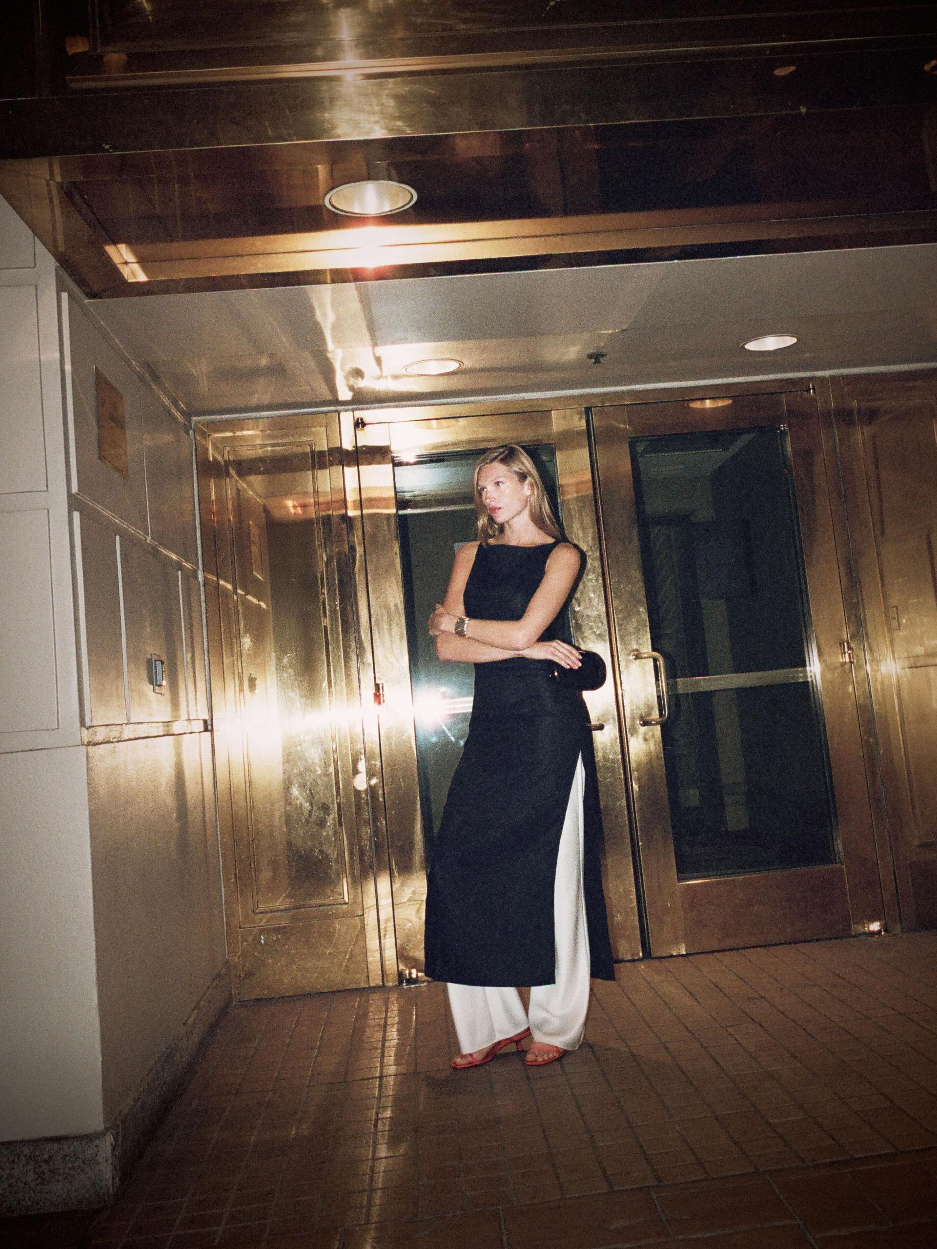 Reformation striped green jumper, mini skirt and boots