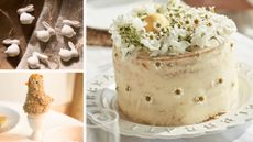 Compilation image of ceramic bunny decorations, a knitted chick egg cosy and a cake on a celebration cake all from the new The White Company Easter range