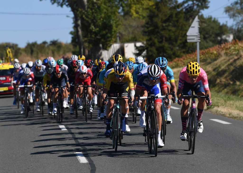 Groupama-FDJ&#039;s Thibaut Pinot does his bit in the front group during the windswept seventh stage of the 2020 Tour de France, with a select group of 40 riders finishing 1:21 ahead of the chasers