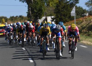 Groupama-FDJ's Thibaut Pinot does his bit in the front group during the windswept seventh stage of the 2020 Tour de France, with a select group of 40 riders finishing 1:21 ahead of the chasers