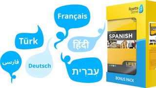 A Rosetta Stone language pack next to a series of blue speech bubbles contains words from different languages