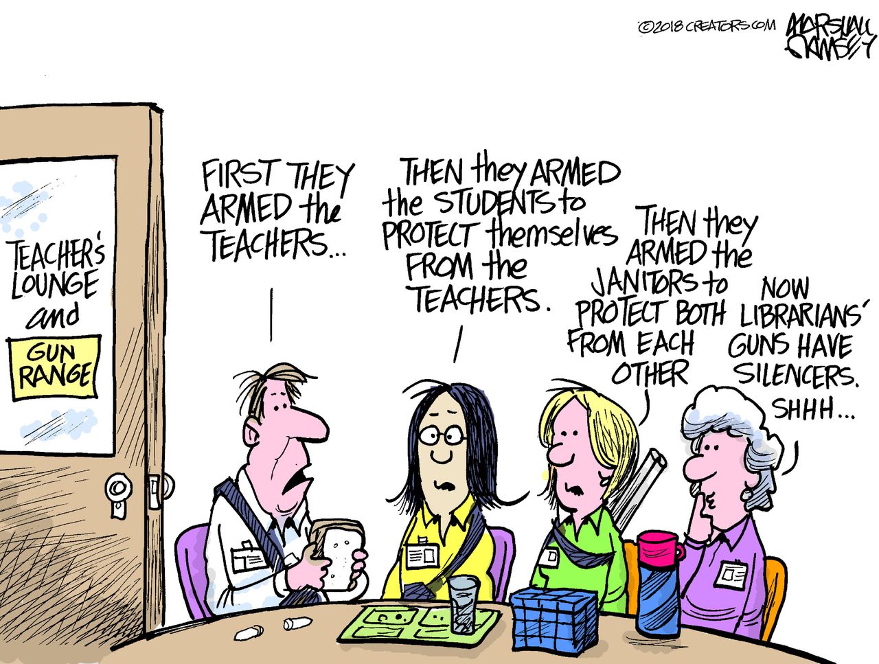 Political cartoon U.S. Parkland school shooting NRA guns arm teachers