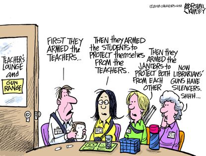 Political cartoon U.S. Parkland school shooting NRA guns arm teachers