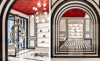 The image to the left shows a glass entry, and a black & white marble floor, with a shelf with shoes on it, to the far wall. The image to the right shows a bold black & white striped archway, with a black & white striped marble floor. Through the archway, we see a shelf with shoes on it.