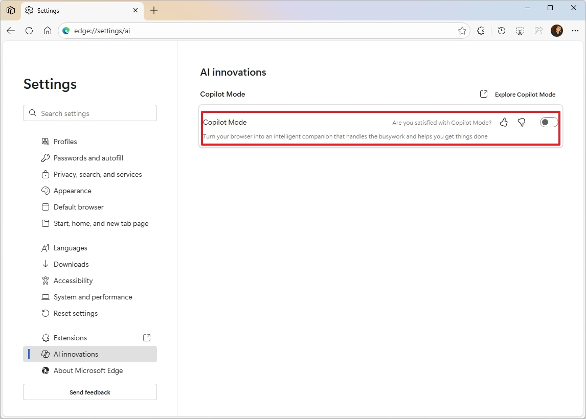 Edge disable Copilot mode