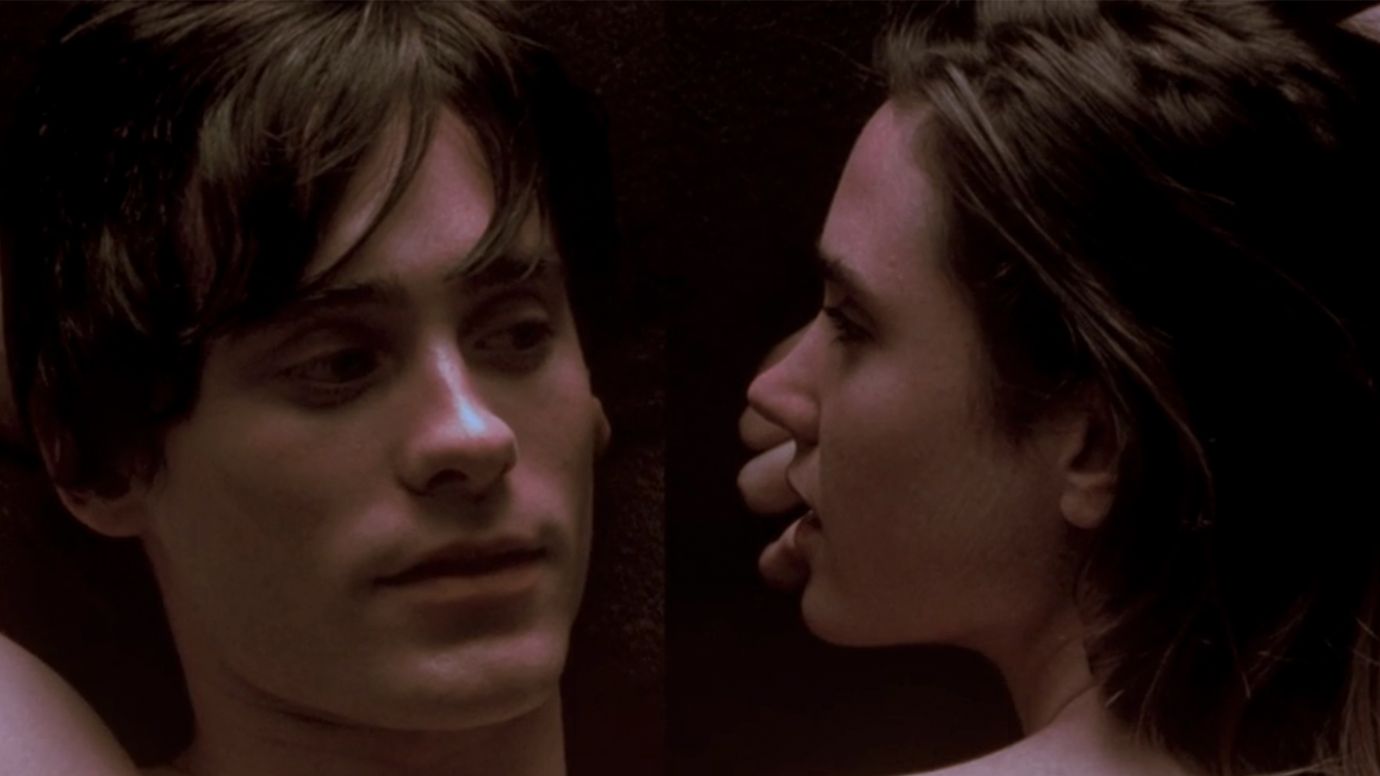 Close ups of Jared Leto on the left and Jennifer Connelly on the right, speaking to each other intimately.