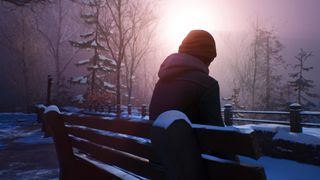 Sitting on a snowy bench in Life is Strange: Double Exposure.