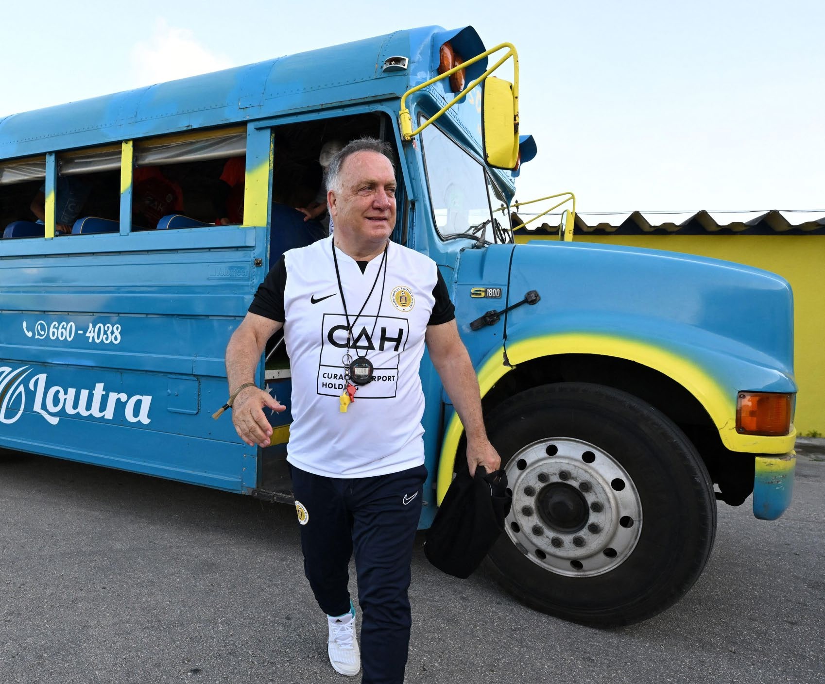Curacao coach Dick Advocaat steps off the team bus during a training session of the Curacao football team at the Ergilio Hato stadium on June 1 (local time) in Willemstad, Curacao.