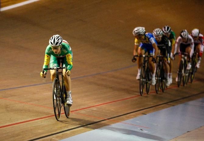 Amy Cure out in front during the women's scratch race