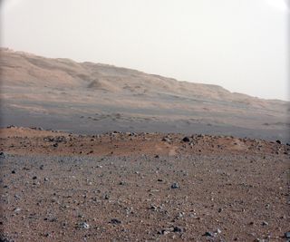Mars rover Curiosity photo calibration of gravelly terrain near the rover.