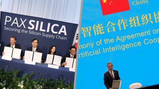 Undersecretary of State Jacob Helberg Convenes The Pax Silica Summit in Washington, DC on the left and Chinese Foreign Minster Wang Yi, leads other signatories to sign the Agreement on the Establishment of The World Artificial Intelligence Cooperation Organization on the right.