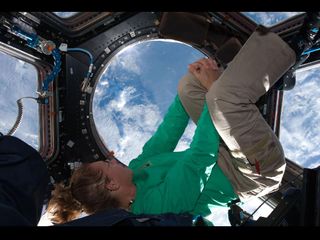 Sandy Magnus looks out the cupola at earth
