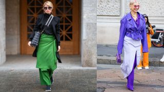 skirts over pants in two street style shots