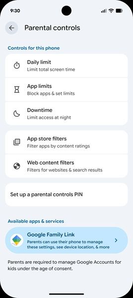 Parental Controls in Android 17 get an upgrade, providing easy access to daily limit, app limits, and downtime on devices set to receive the OS upgrade.