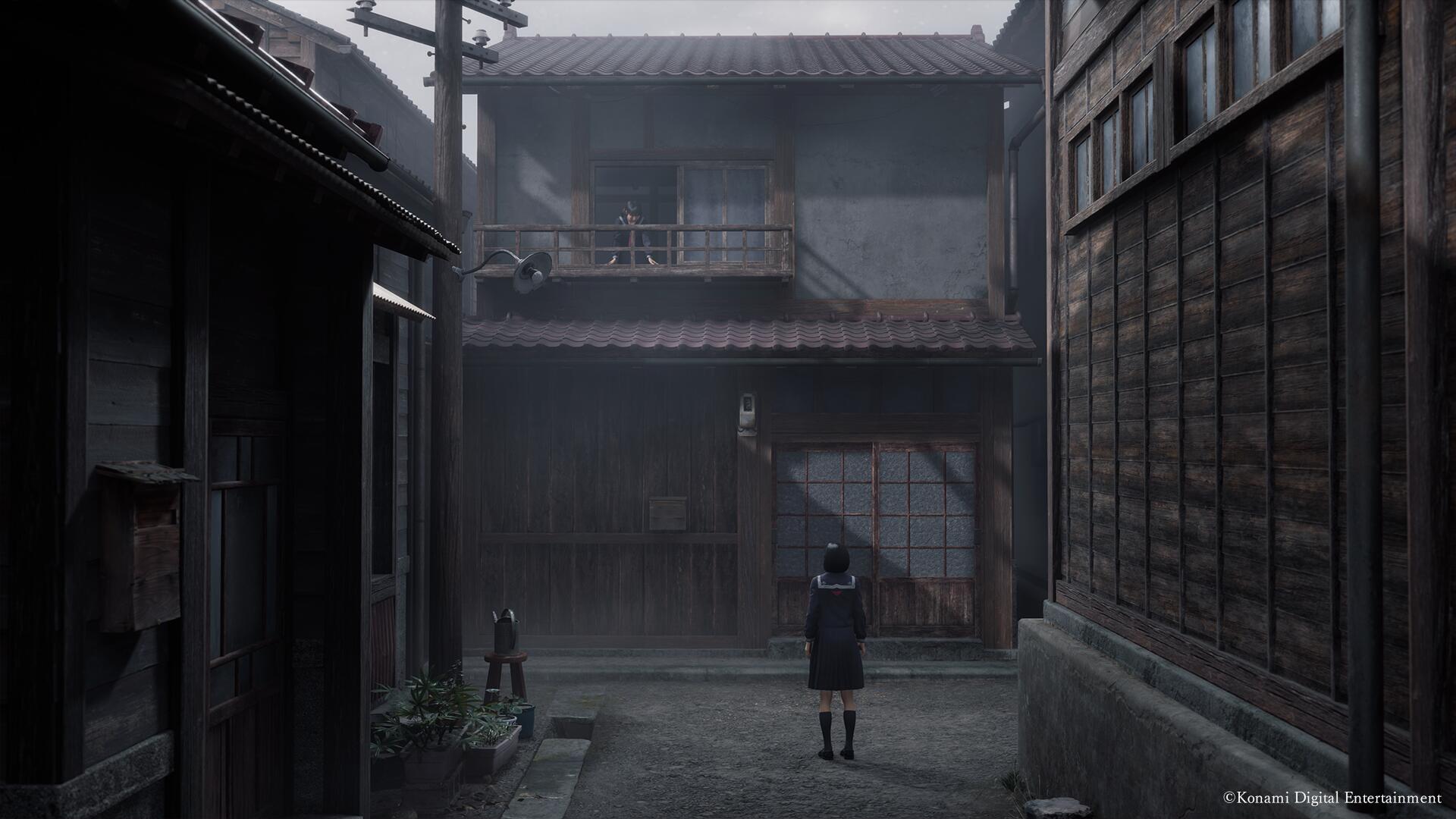 Hinako greets a friend in Silent Hill f who is looking out their window in Ebisugaoka