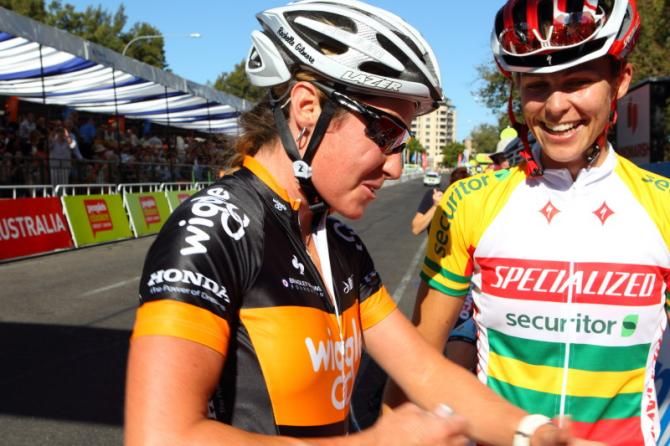 Rochelle Gilmore (Wiggle Honda) and Kimberley Wells (Specialized - Securitor) discuss the sprint after the race