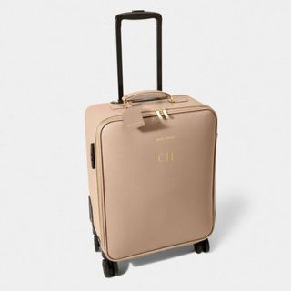 personalised gifts beige suitcase with black hardware and gold printed monogram
