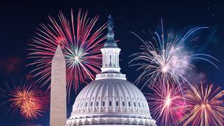 Washington Monument and Captiol Dome with fireworks