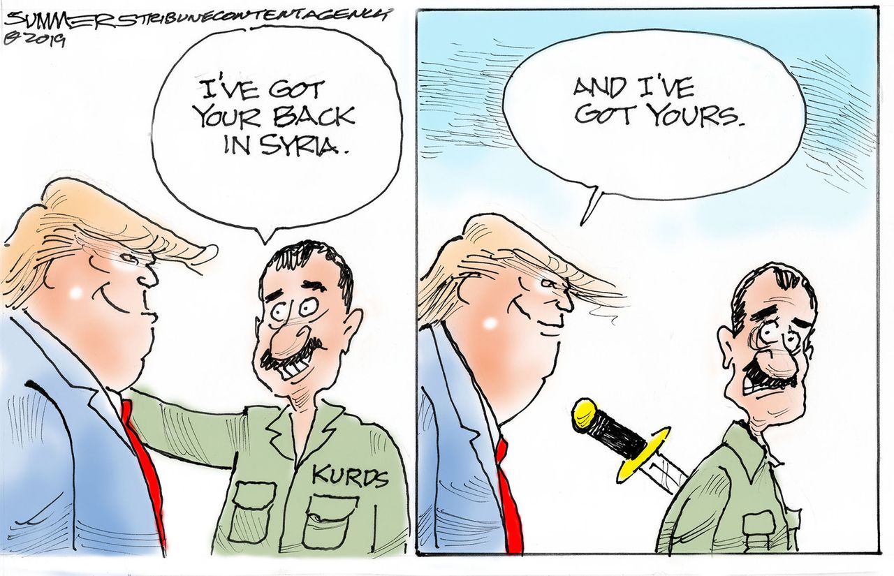 Political cartoon Trump Syria Kurds betrayal Turkey.