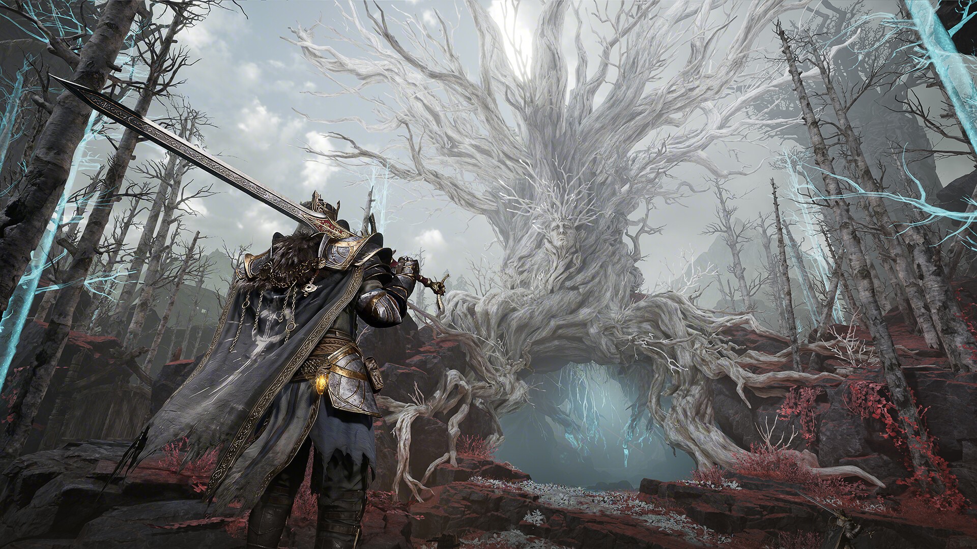 Standing in front of a large, gnarled, glowing white tree in Mistfall Hunter which has a face carved into it