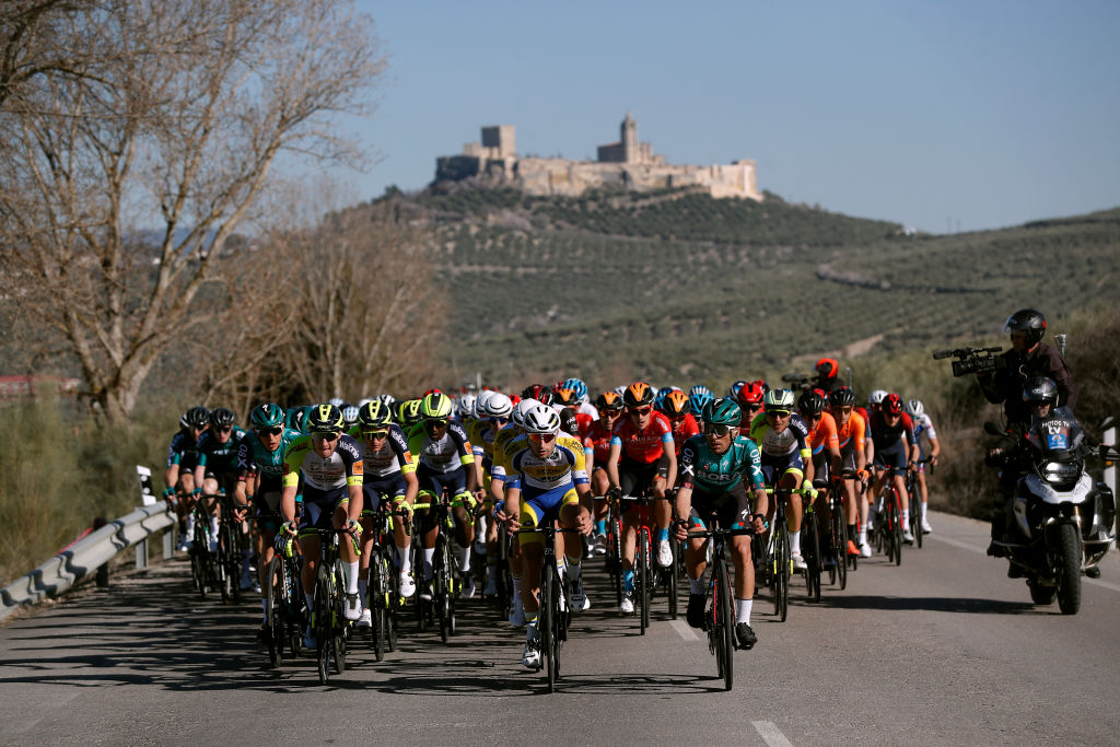 ALCALA LA REAL SPAIN FEBRUARY 17 LR Kamiel Bonneu of Belgium and Team Sport Vlaanderen Baloise and Cesare Benedetti of Poland and Team Bora Hansgrohe lead The Peloton during the 68th Vuelta A Andalucia Ruta Del Sol 2022 Stage 2 a 1506km stage from Archidona to Alcal La Real 982m 68RdS on February 17 2022 in Alcala la Real Spain Photo by Bas CzerwinskiGetty Images