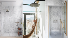 Three images of showers, including a womans arm under a flowing shower