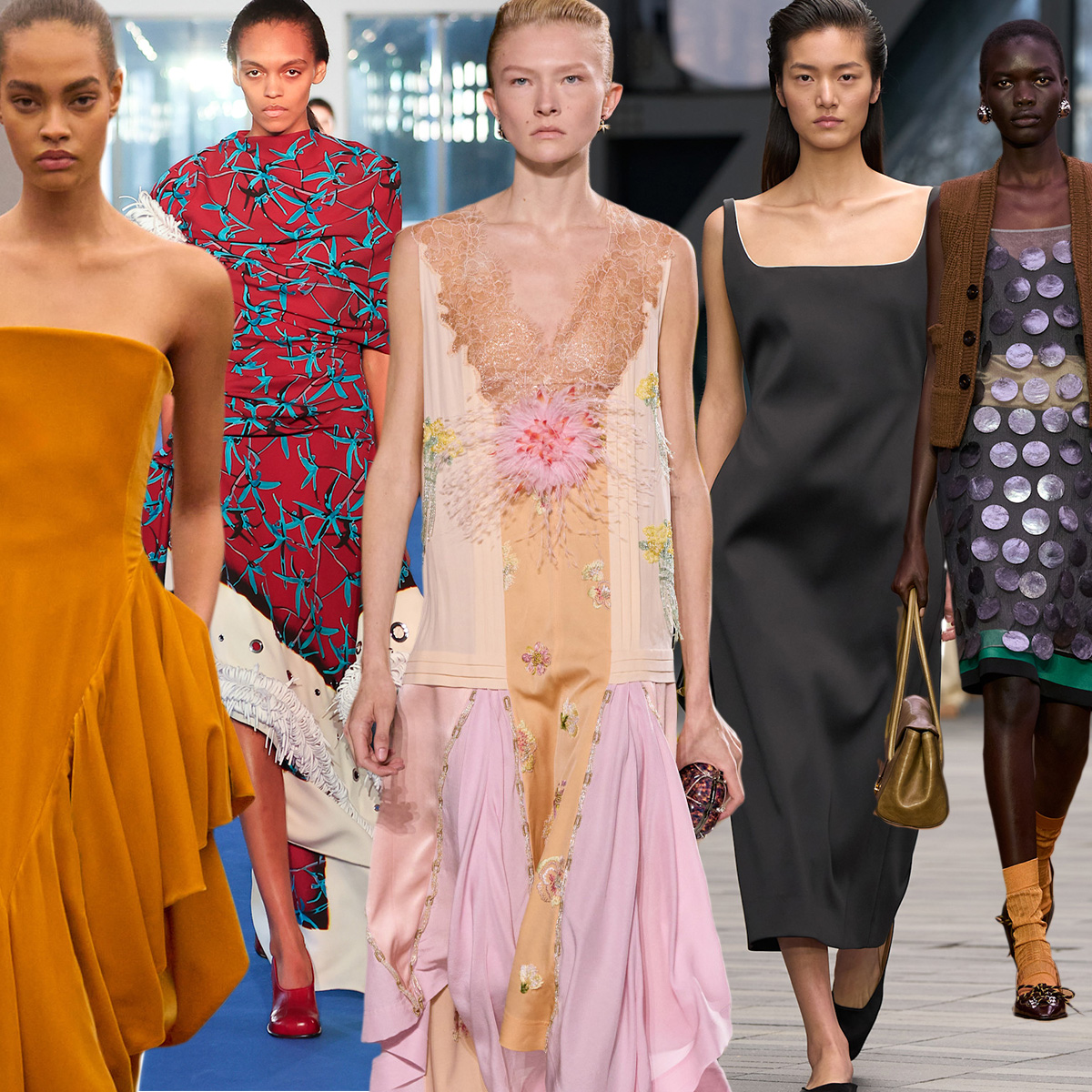 a collage of fall/winter 2026 runway images featuring the top dress trends